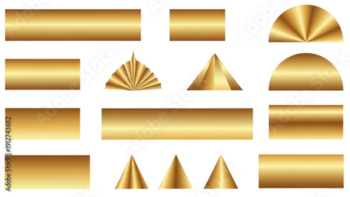 Collection of golden 3D geometric shapes arranged neatly in a grid pattern on a plain surface viewed from directly above