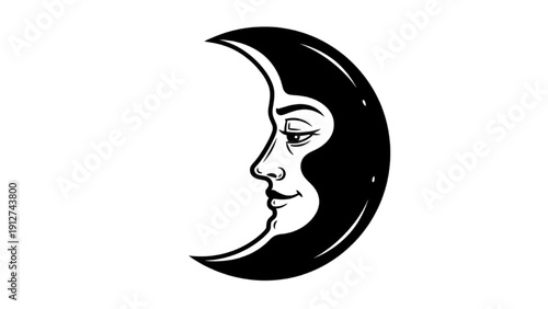 A serene face gazes from a crescent moon in simple illustration style