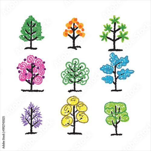 Crayon Style Colorful Tree Collection Hand Drawn Nature Illustration Set