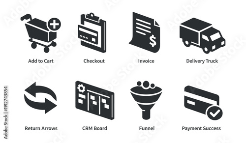 E-commerce and business black and white icons set