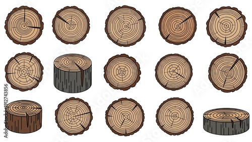 Collection of wooden logs and tree stumps displayed from various viewpoints