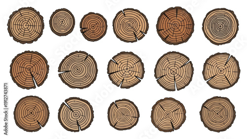 Collection of wooden tree trunk cross-sections displayed together in a grid