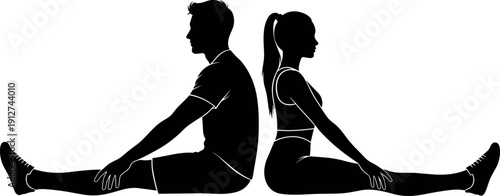 Silhouette of a sporty man and woman sitting back to back on the floor stretching legs after fitness workout session