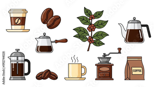 A collection of coffee-related items and coffee beans on display showcasing various coffee makers and accessories