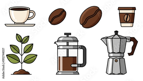 Coffee beans and brewed coffee in various containers and a coffee plant, surrounded by coffee cups, viewed from directly above