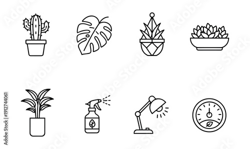 Plant and interior design line icons set