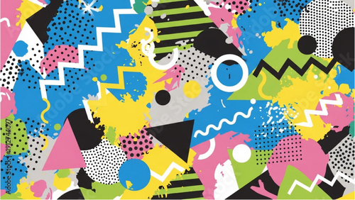 Vibrant abstract shapes and patterns overlapping in a dynamic composition with varied geometric forms