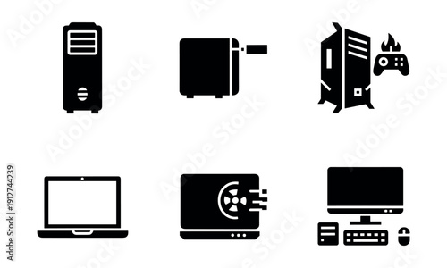 Computer and gaming hardware black and white icons set
