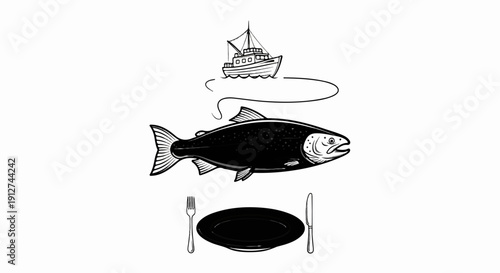 A fishing boat catches a large fish which is presented on a plate with cutlery