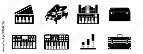Music instruments and equipment black and white icons set