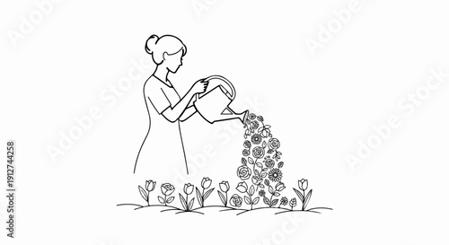 A figure waters a bed of flowers, which sprout from their watering can