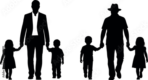 Silhouette of Father and Grandfather Walking with Children Holding Hands Representing Multi-Generational Family Bonds, Fatherhood, and Legacy in Vector Style
