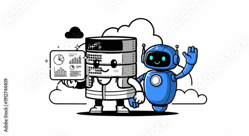 A friendly database server character with charts next to a waving robot