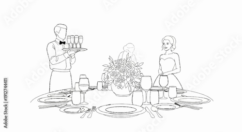 A formal dining table setting with a server offering drinks to guests