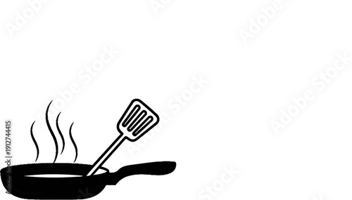 A frying pan with steam and a spatula are shown in black and white