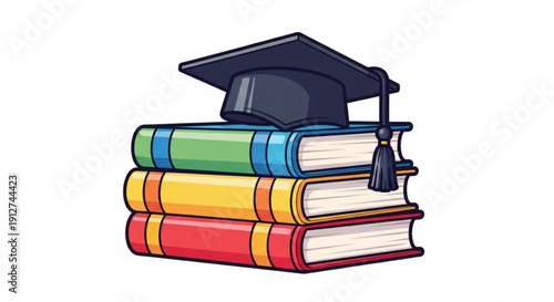 Stack of colorful books with graduation cap on top symbolizing education and learning