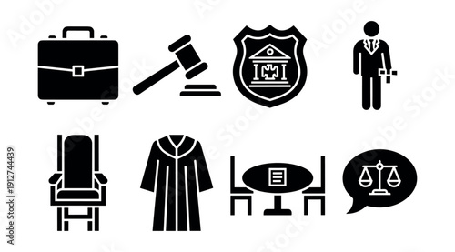 Legal and judicial system black and white icons set