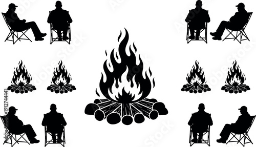 Silhouette of People Sitting in Folding Chairs Around a Campfire Logs and Flames Vector Illustration for Camping and Outdoor Recreation