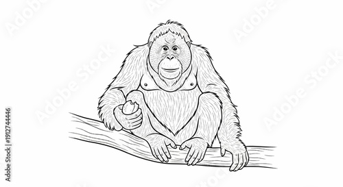 A furry orangutan sits on a branch, holding a piece of fruit in its hand