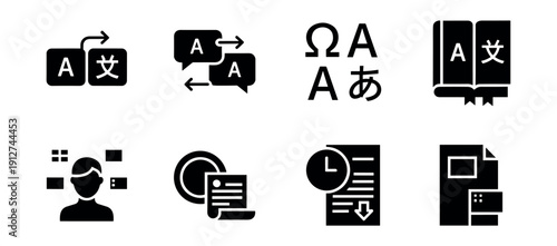 Language and Document Management Monochrome Icons Set