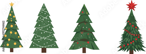 Modern Christmas Tree Vector Set with Ornaments Lights Garland and Star Isolated Festive Winter Holiday Illustration Collection