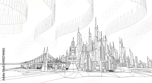 A futuristic city skyline with soaring towers and a grand bridge under aurora lights