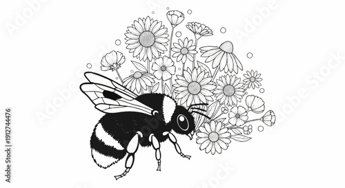 A fuzzy bee hovers near a bouquet of daisies and other small blooms