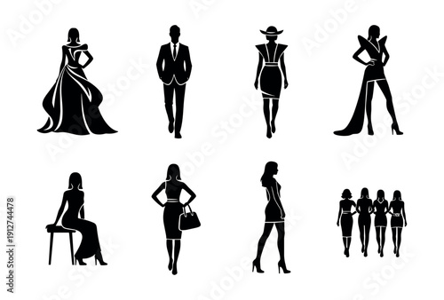 Fashion poses and attires silhouette set