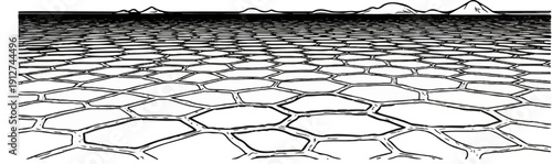A geometric landscape rendered in stark black and white, with hexagonal patterns receding into a distant horizon