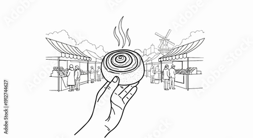 A hand holds a steaming pastry in front of a busy outdoor market with stalls and a windmill