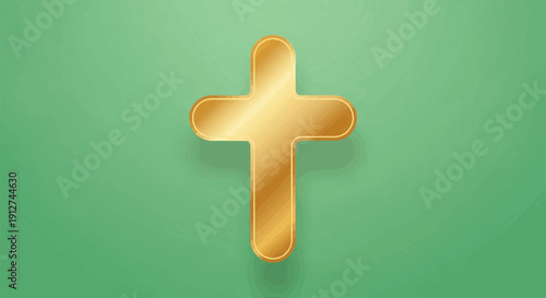 A golden cross symbol with rounded edges is centered on a green gradient background