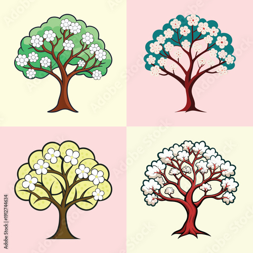 Four Seasons Dogwood Trees Flat Design Vector Illustration Set