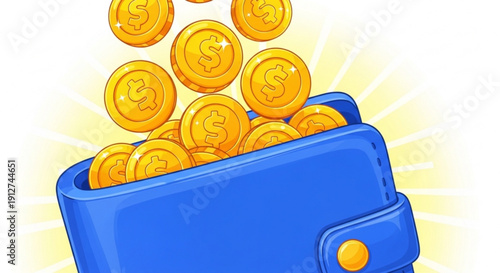 Blue wallet overflowing with golden dollar coins against bright yellow background with radiant sunburst effect