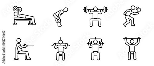 Weightlifting and workout exercises line icons set