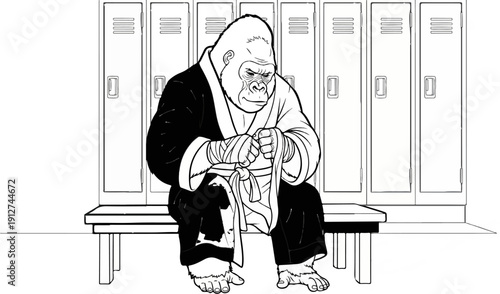 A gorilla in a martial arts robe sits on a bench wrapping its hands before a row of lockers