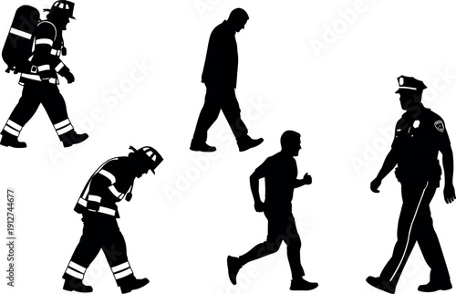 Silhouette set of first responders and civilians walking including firefighters in gear a police officer and men jogging and walking