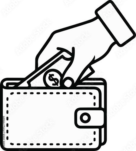 A hand places a coin and bills into an open wallet, illustrating financial transactions