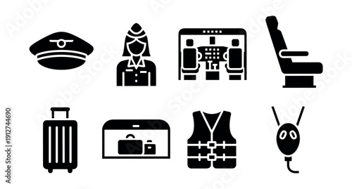 Air travel black icons set