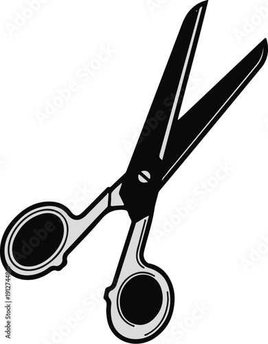 A graphic illustration of a pair of open metal scissors with black blades and handles