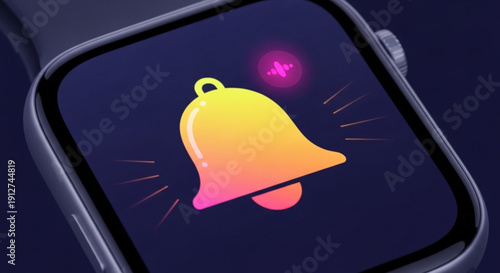 Notification alert icon on smartwatch screen with colorful bell symbol and dark background