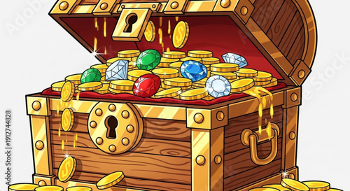 Treasure chest overflowing with gold coins and precious jewels on white background symbolizing wealth and fortune