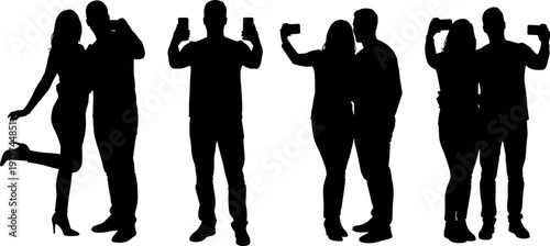 Silhouette set of young couples and man taking selfies with smartphones in various poses for social media and lifestyle concepts.