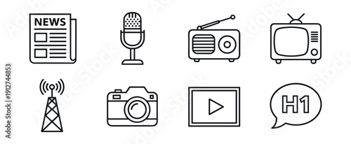 Media and communication line icons set