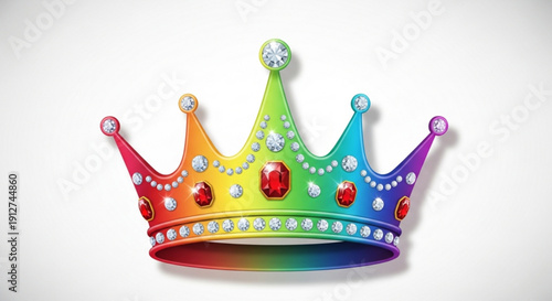 Vibrant rainbow crown with jewels and gems on white background symbolizing royalty and celebration