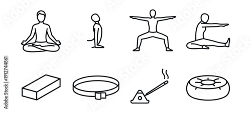 Yoga and meditation line drawings set