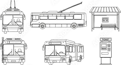 A graphic illustration of city buses, a trolleybus, a bus stop, and a ticket machine