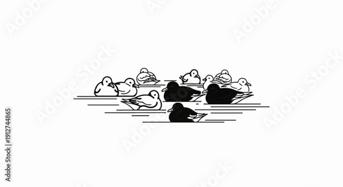 A graphic illustration of several black and white birds resting on water