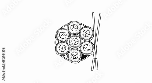 A hand-drawn plate of sushi rolls with chopsticks on a white background
