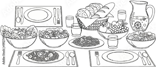 A hand-drawn sketch of a bountiful table laden with delicious food and drinks