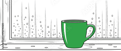 A green mug rests on a windowsill with raindrops on the glass